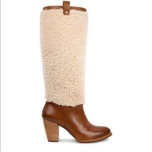 UGG Tan Leather and Cream Shearling Heeled Boots NWT.